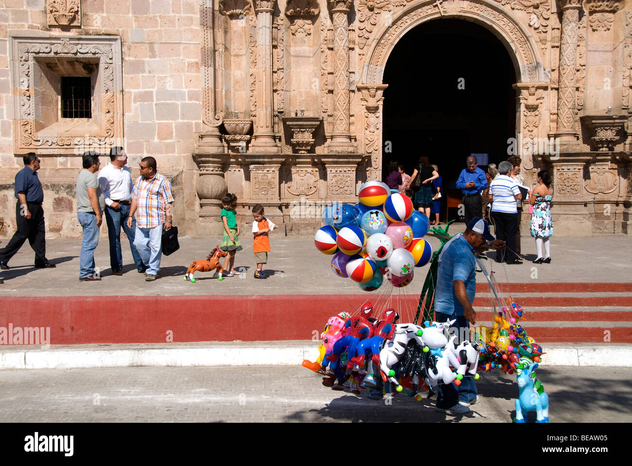 Parishioners leaving San Sebastian Church after Sunday Mass in village of Concordia, Sinaloa, Mexico Stock Photo