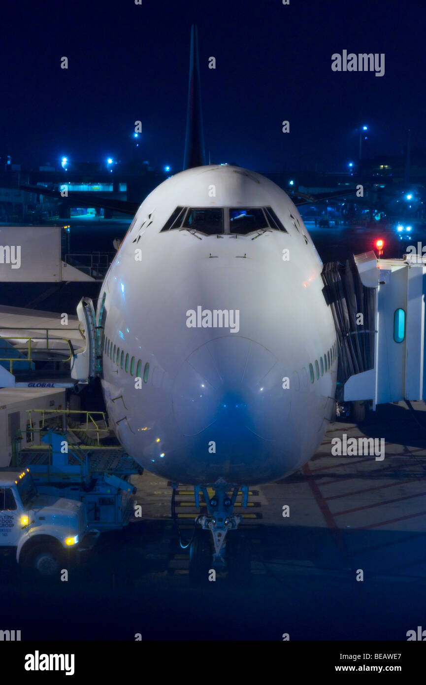 New York, USA. A Boeing 747 Jumbo jet plane at Kenedy Airport at night