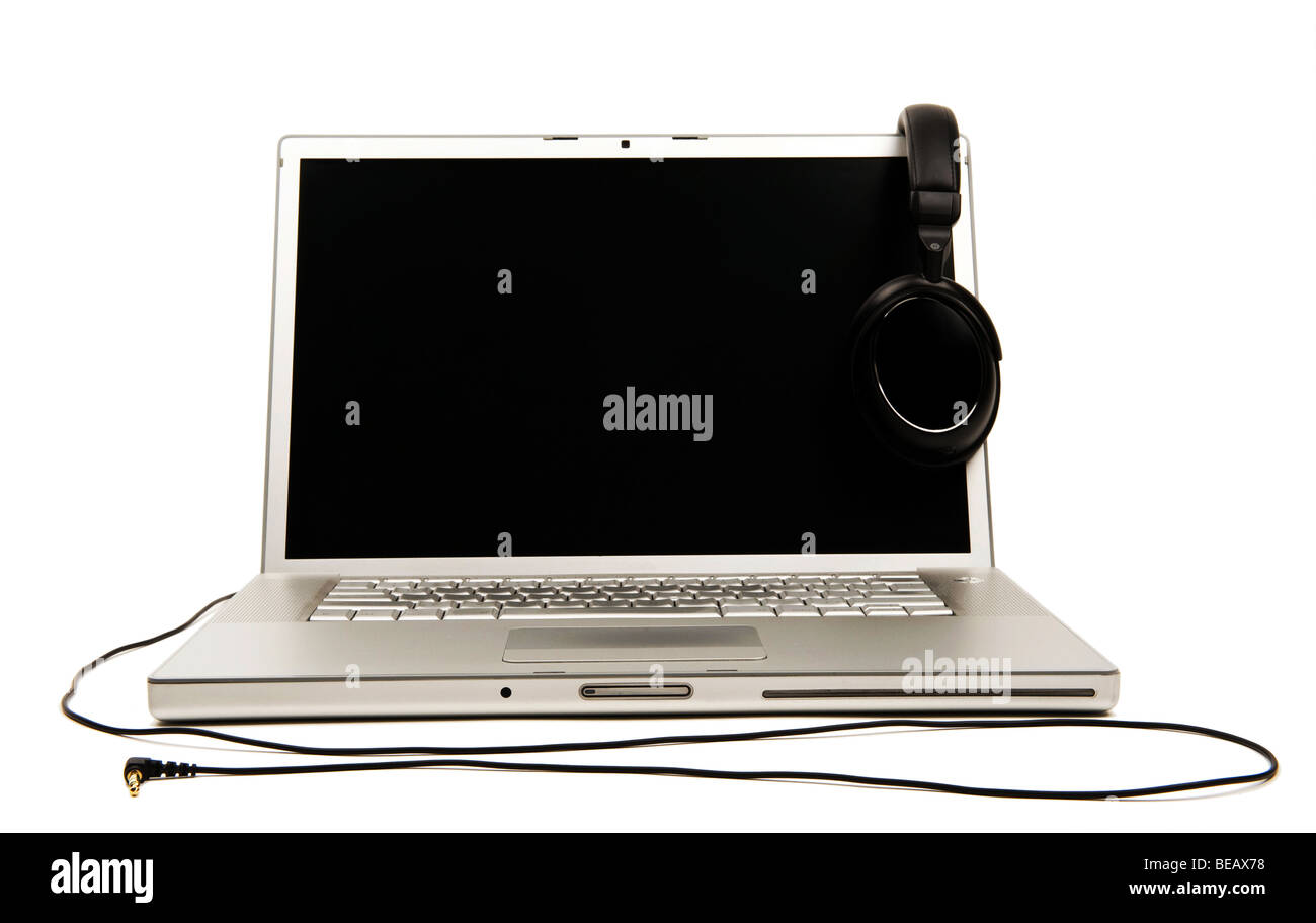 laptop mobile computer with music headphones Stock Photo