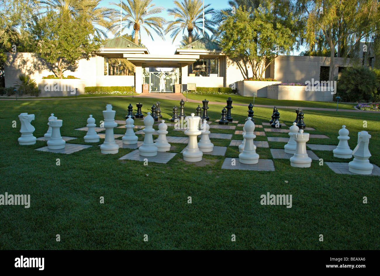 Oversize chess pieces on the lawn of the Arizona Biltmore Hotel in Phoenix, Arizona, USA Stock Photo