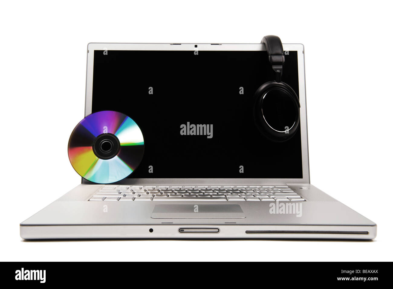laptop with music cd and head phones Stock Photo