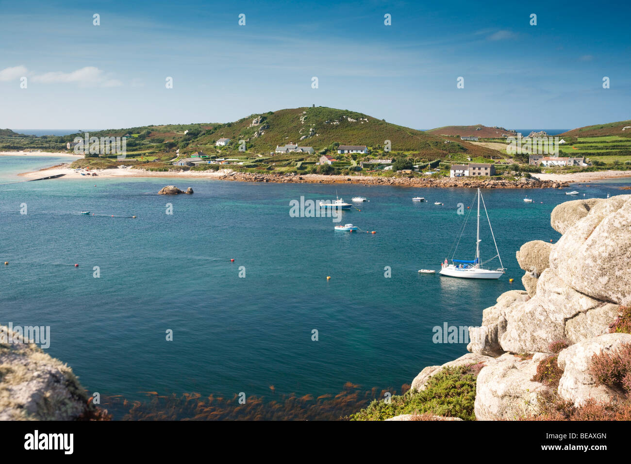 Watch Hill on Bryher viewed from Tresco, Isles of Scilly Stock Photo