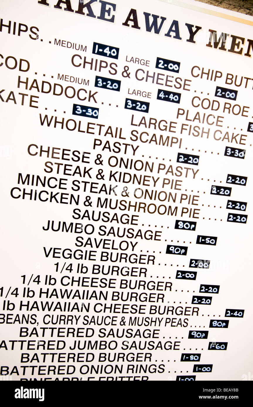 Fish and chips take away restaurant menu, Brixham, Devon, UK Stock Photo