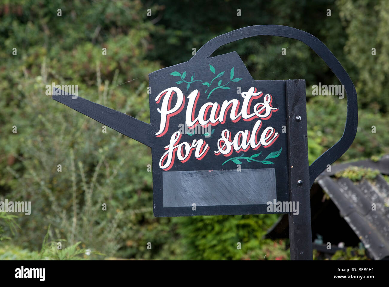 Sign for Plants for Sale in watering can shape Stock Photo - Alamy