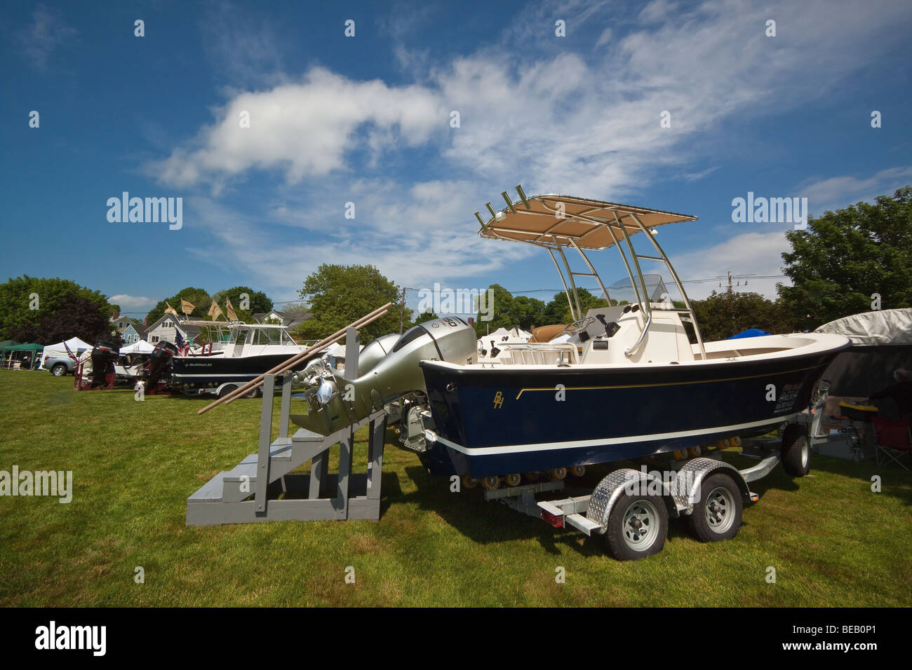 Summer boat show on the waterfront by Thames Street in Bristol, Rhode