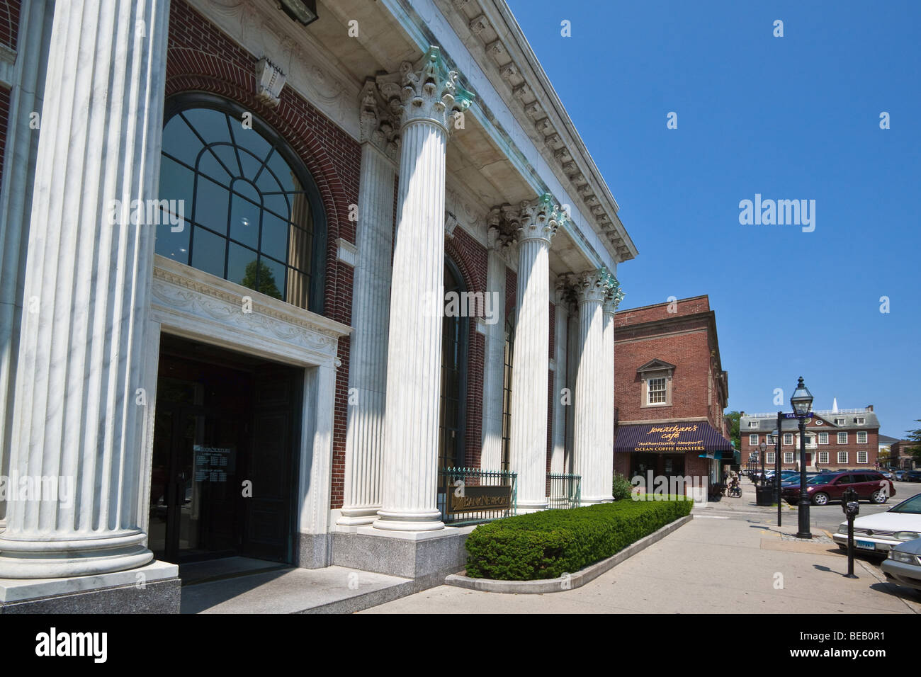 Fluted columns and facade of the BankNewport building on Washington Square in historic Newport, Rhode Island, New England, USA Stock Photo