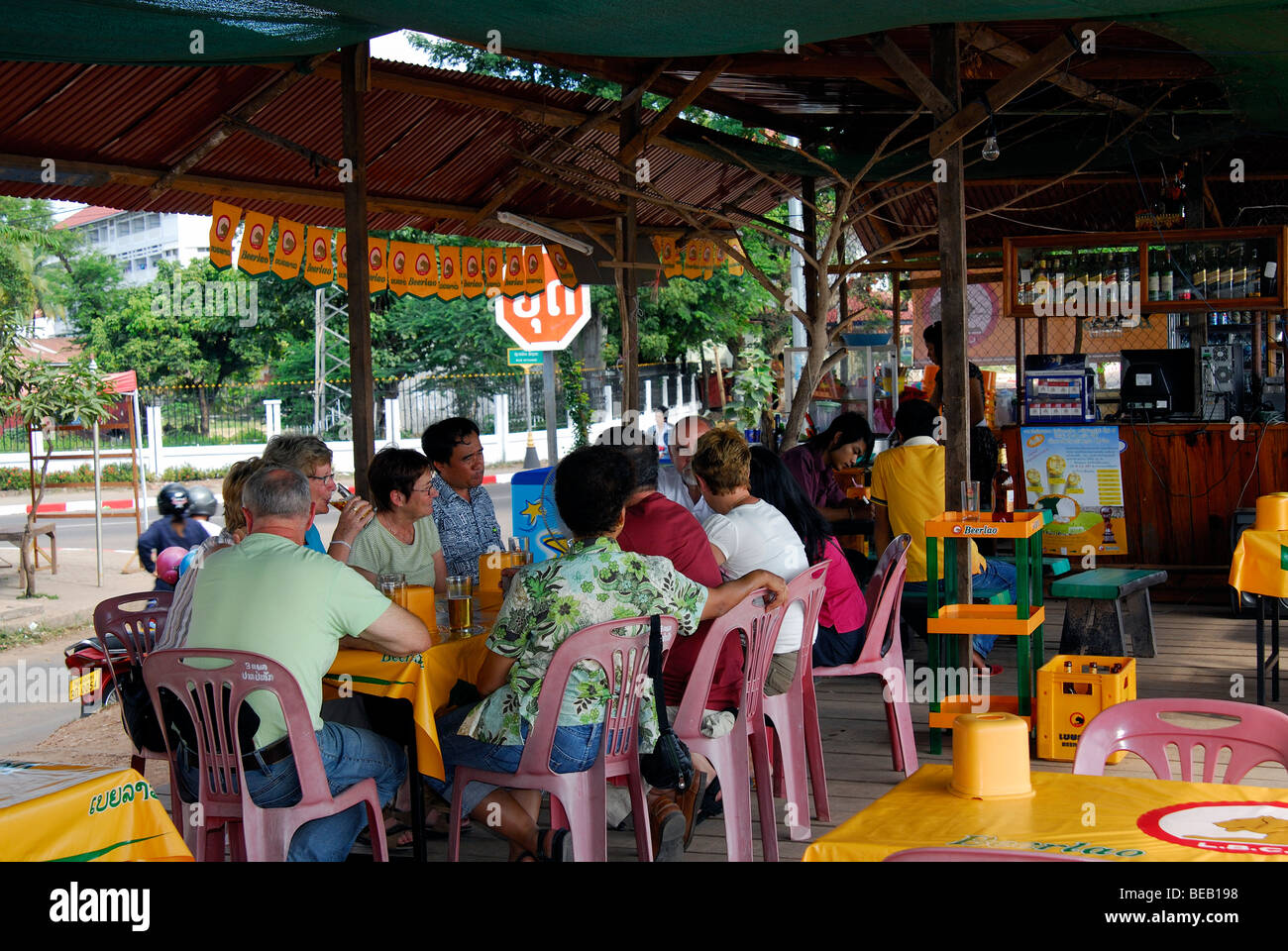 Riverside cafe bar on Mekong river,Vientiane Stock Photo