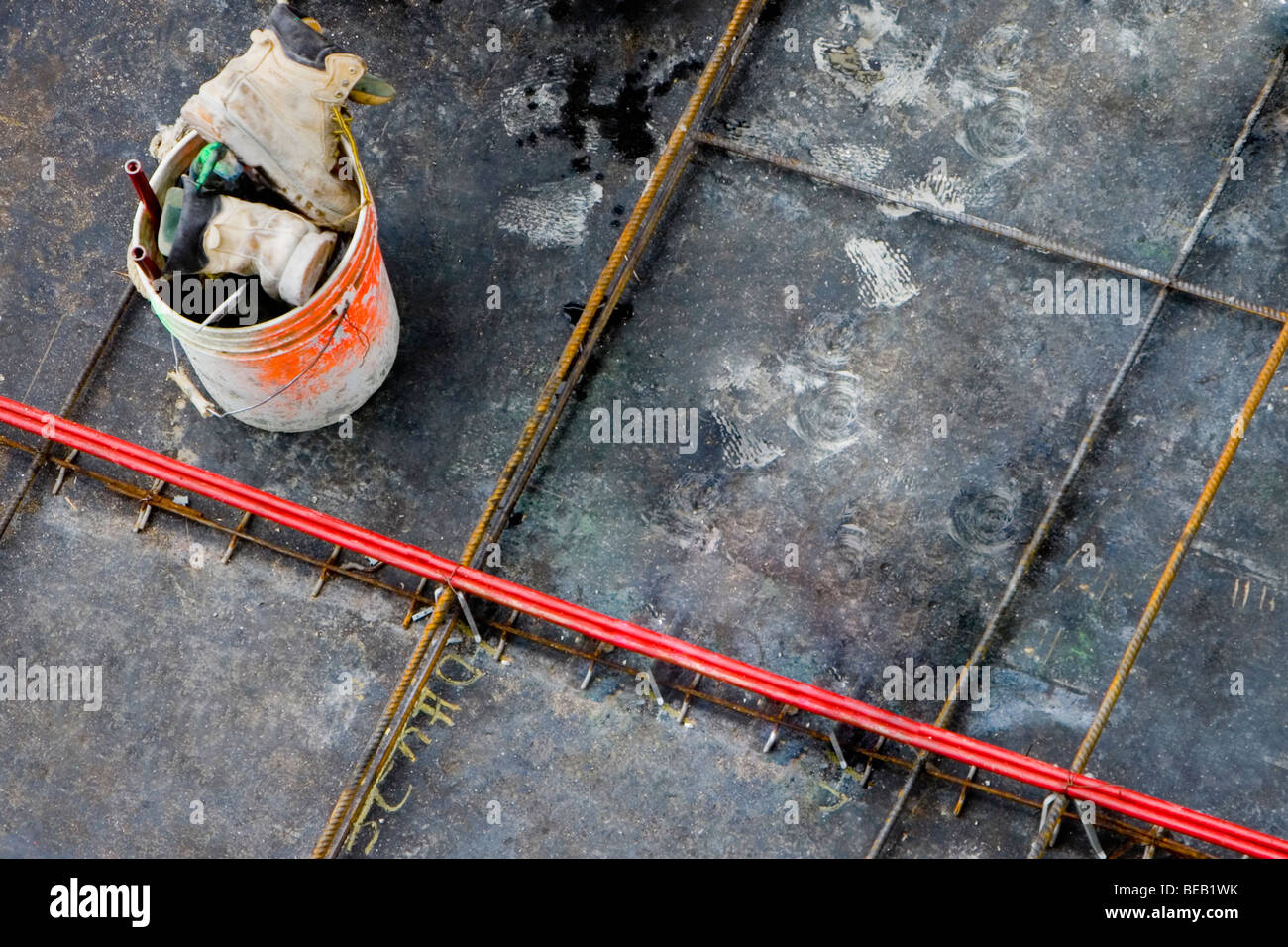 High angle view of a group of objects in a bucket at a construction site Stock Photo