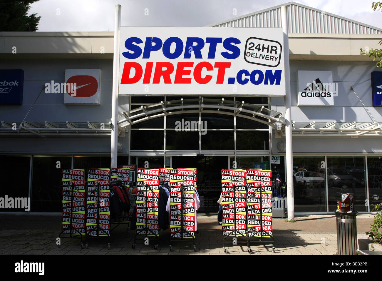 Sports Direct.com Sporting goods store and overhead sign Stock Photo