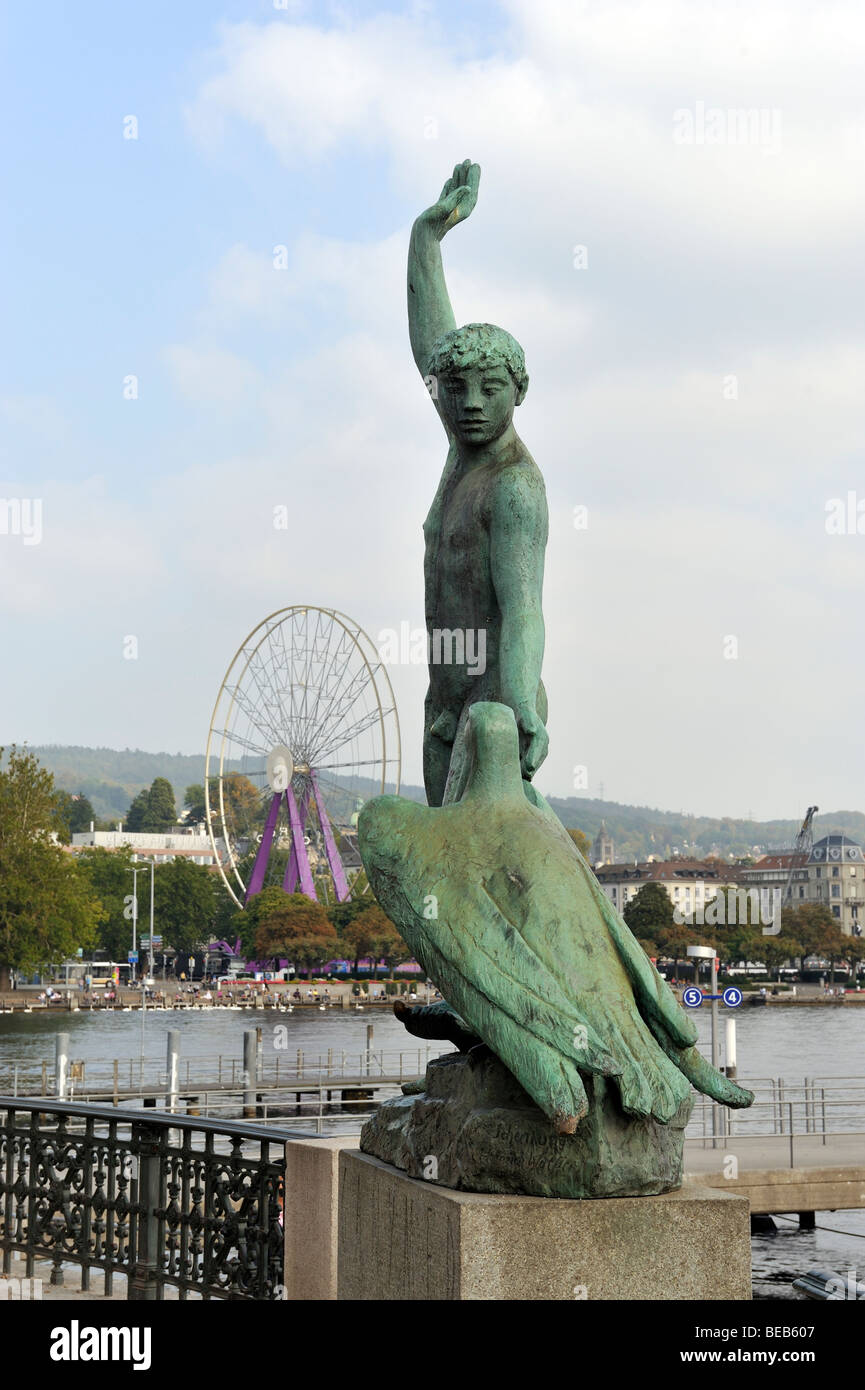 Statue of Ganymede by Hermann Hubacher  by Lake Zurich, Switzerland Stock Photo