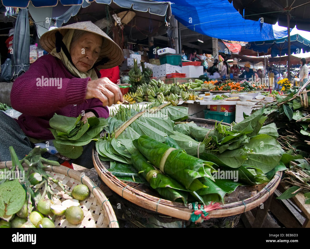 Market Vendor & Produce, Hoi An, Vietnam Stock Photo