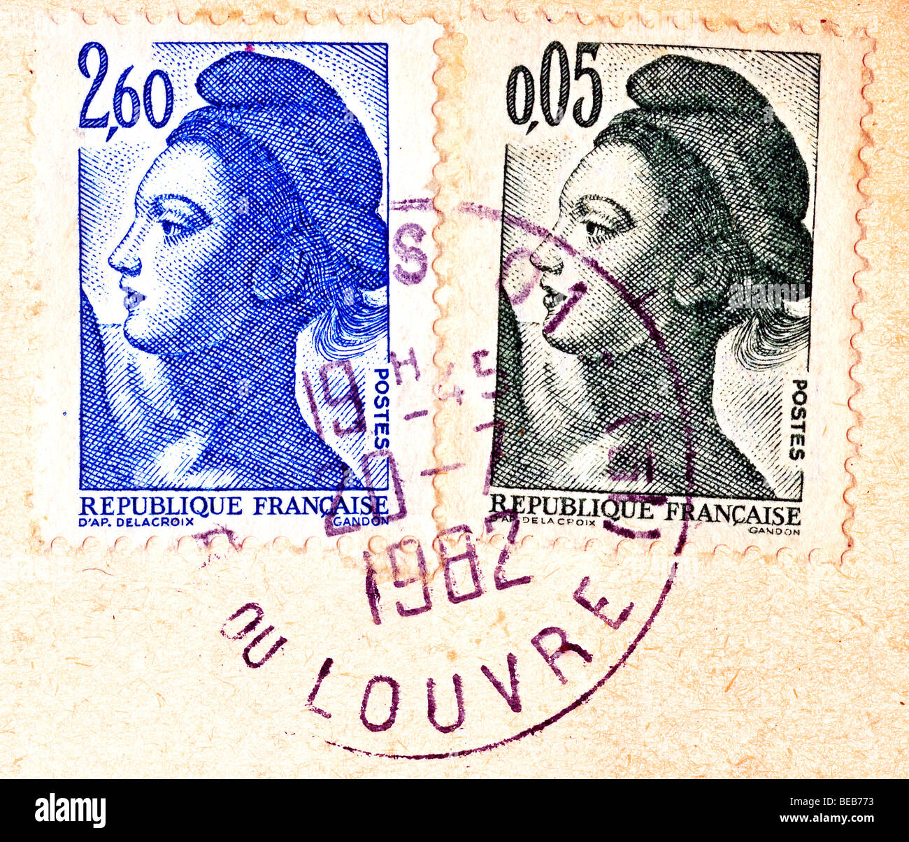 France, stamps, Louvre postmark on letter. Stock Photo