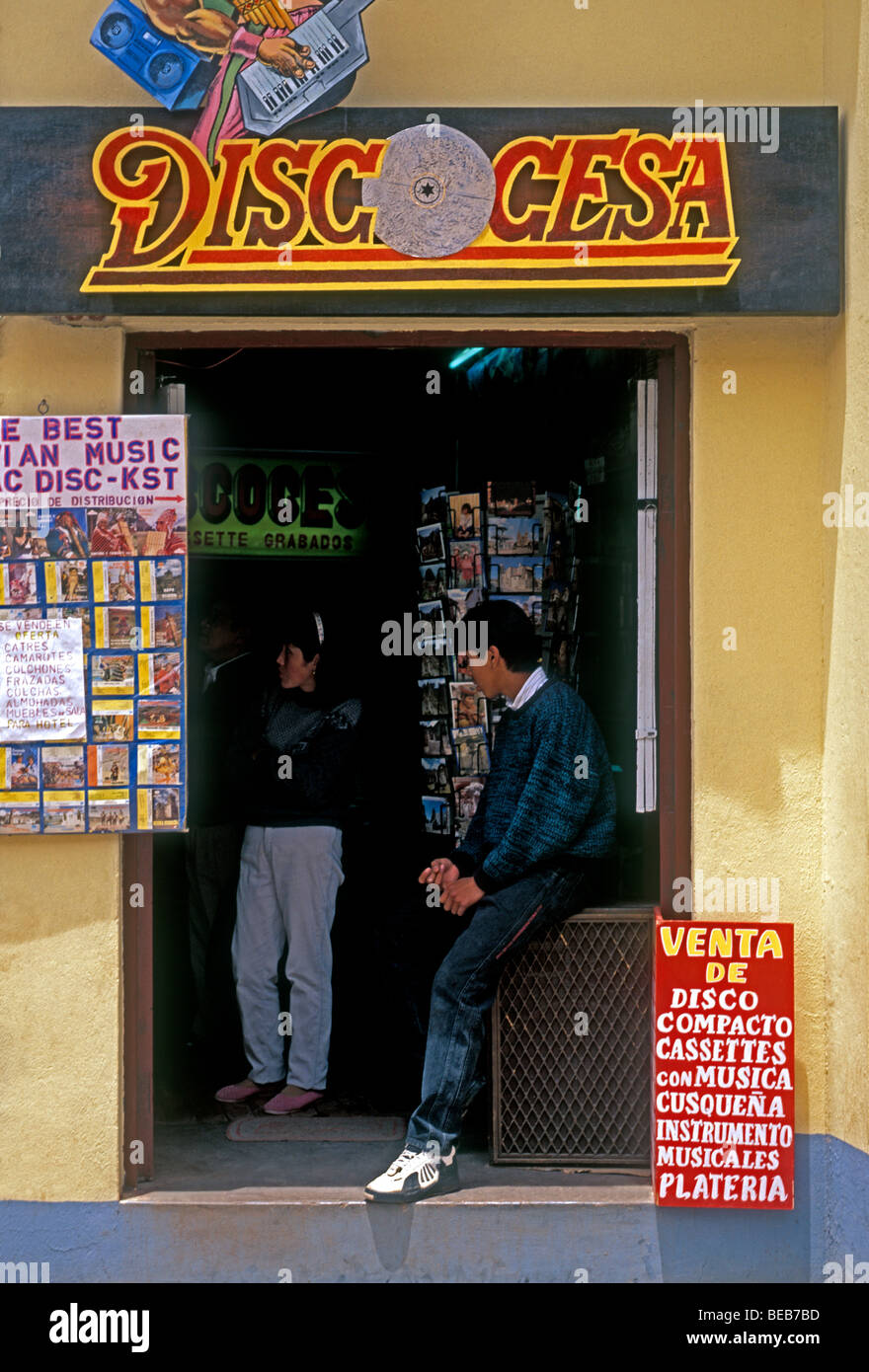 Peruvian people shopping at music store Cuzco Cuzco Province Peru South America Stock Photo