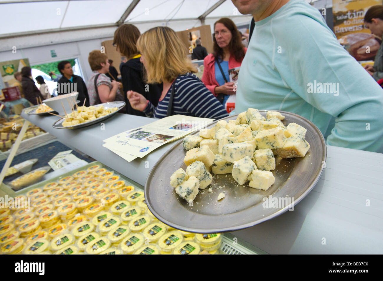 Plate of cheese samples on counter at The Great British Cheese Festival