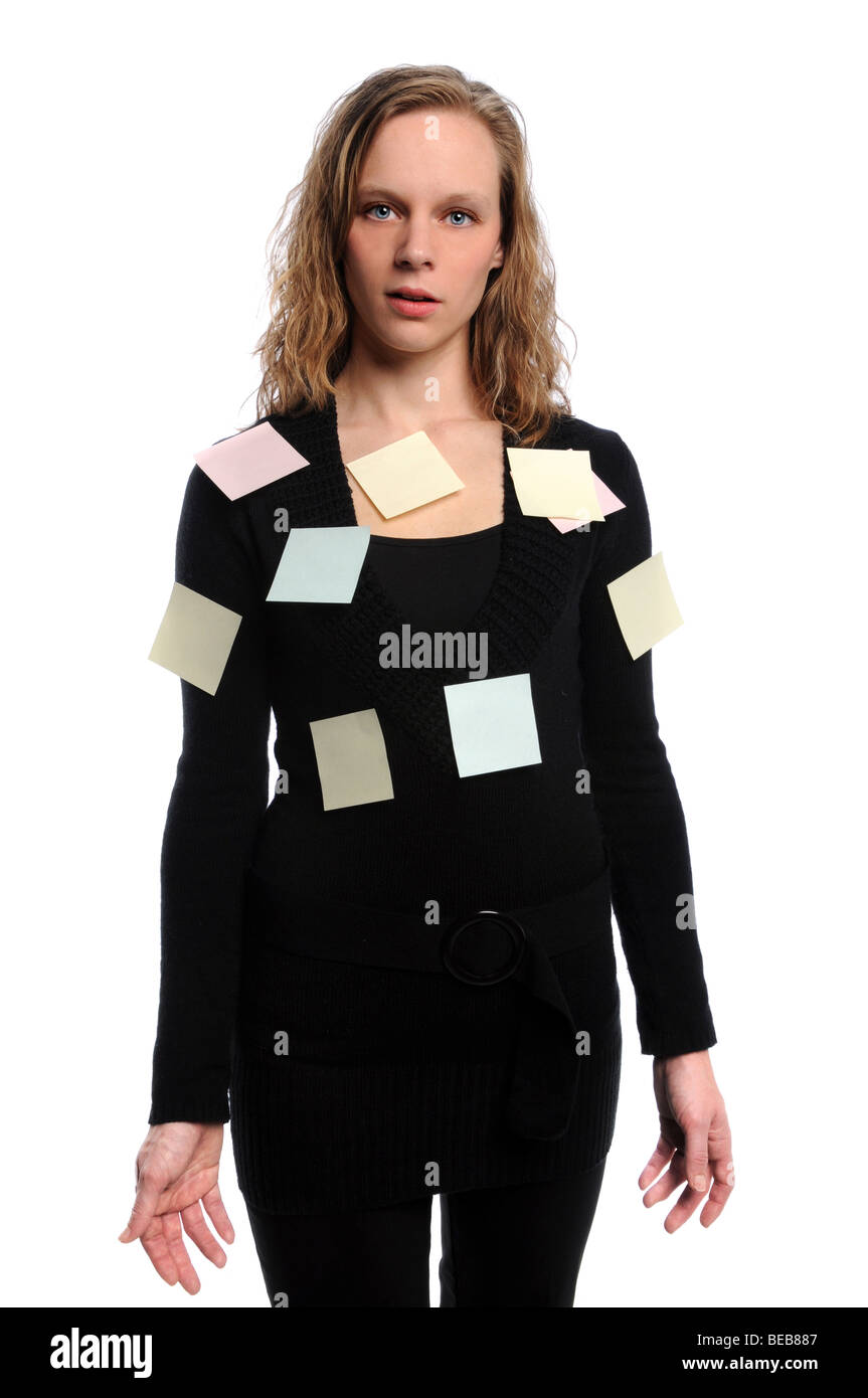 Businesswoman with adhesive notes isolated over white Stock Photo