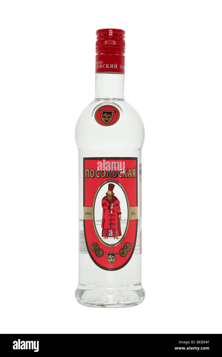 Half-liter bottle of genuine Russian vodka on white background. Stock Photo