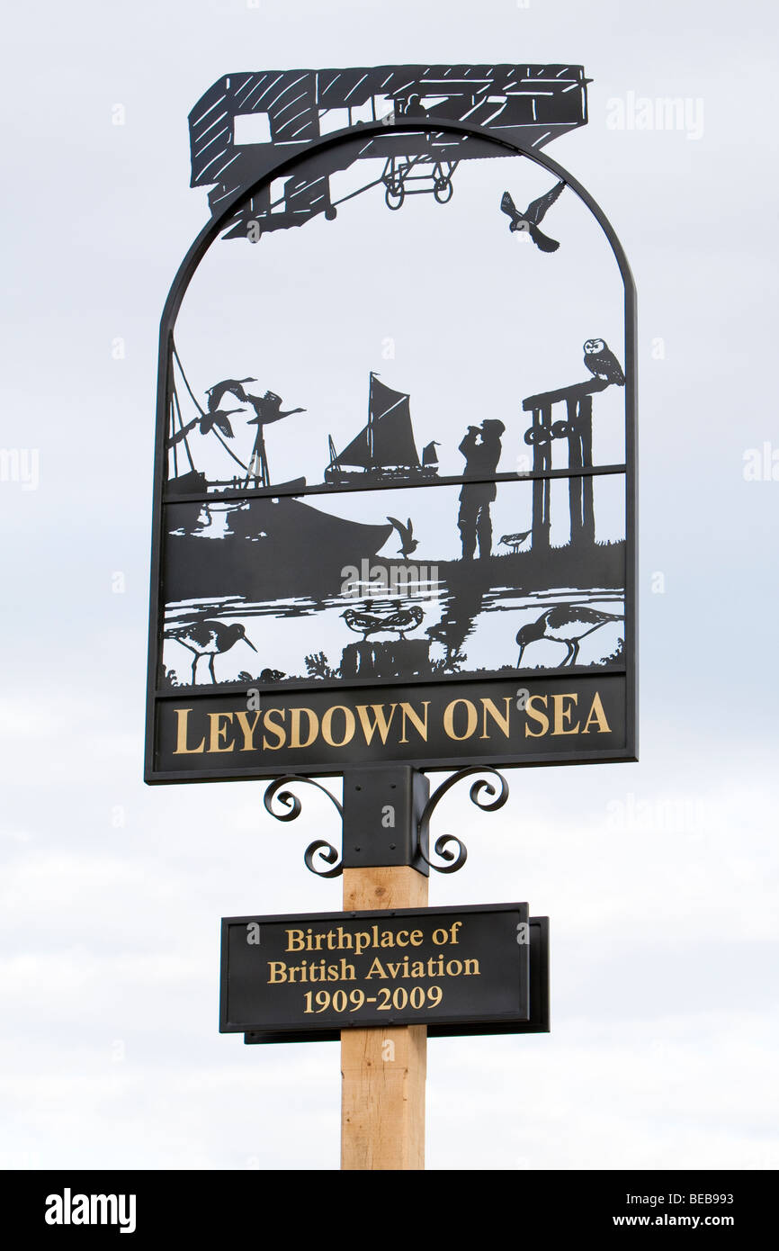 Village sign, Leysdown on Sea, Isle of Sheppy  Kent UK - Birthplace of British Aviation 1909-2009 Stock Photo