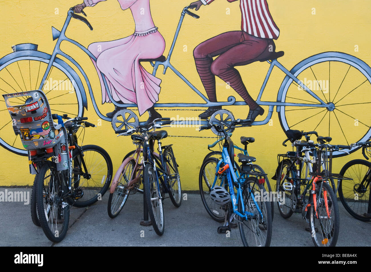 Bicycles lined up on bicycle racks, Brooklyn, New York, USA. Stock Photo