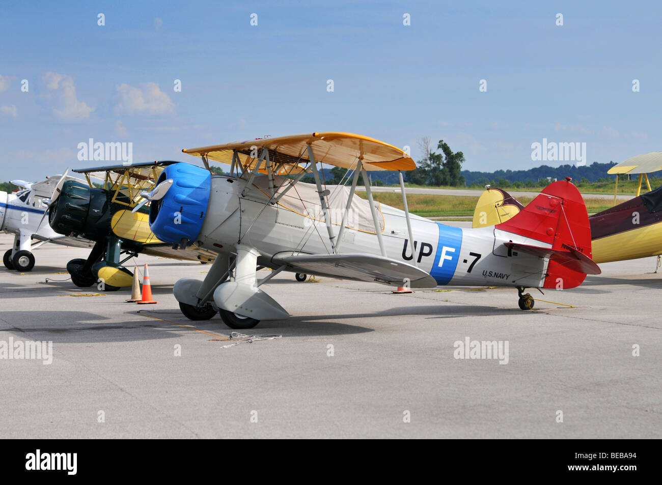 Vintage aircraft on the ground including PT-17 and Waco biplanes Stock Photo