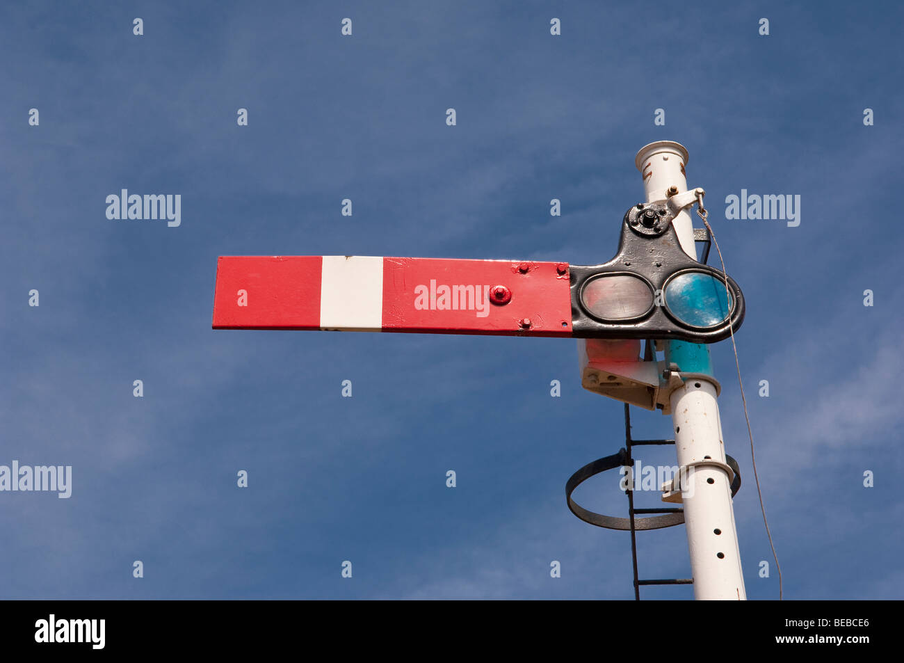 An old fashioned Semaphore stop railway signal for trains Stock Photo