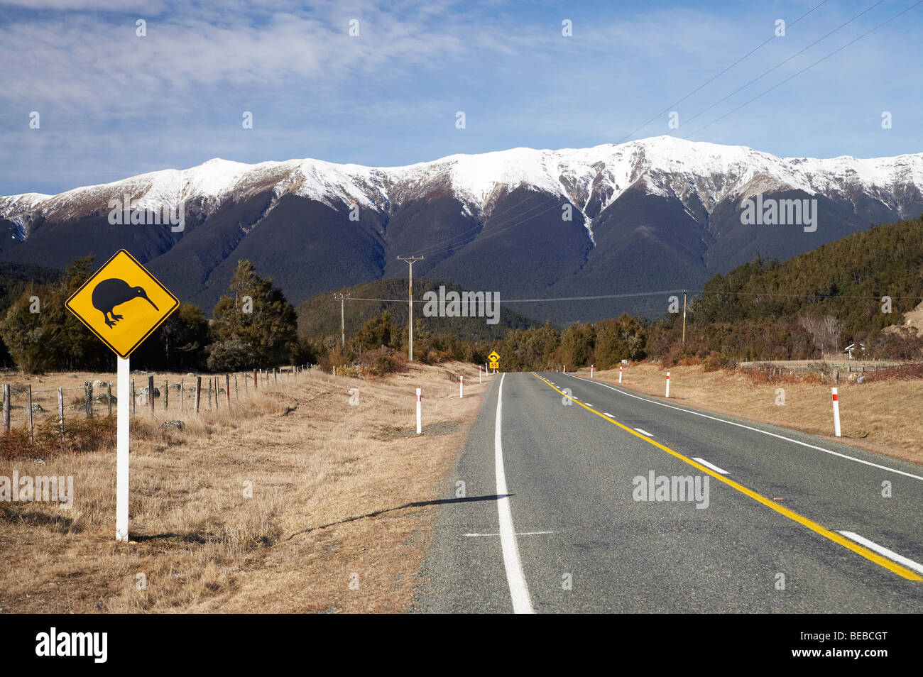 Kiwi Warning Sign, State Highway 63 and St Arnaud Range, Nelson Lakes National Parks, Tasman District, South Island, New Zealand Stock Photo
