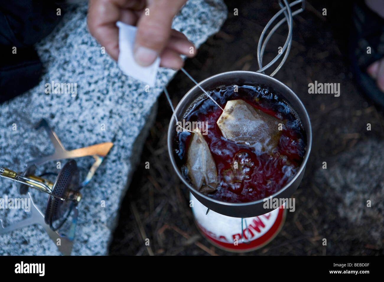 Close-up of a person's hand making tea Stock Photo