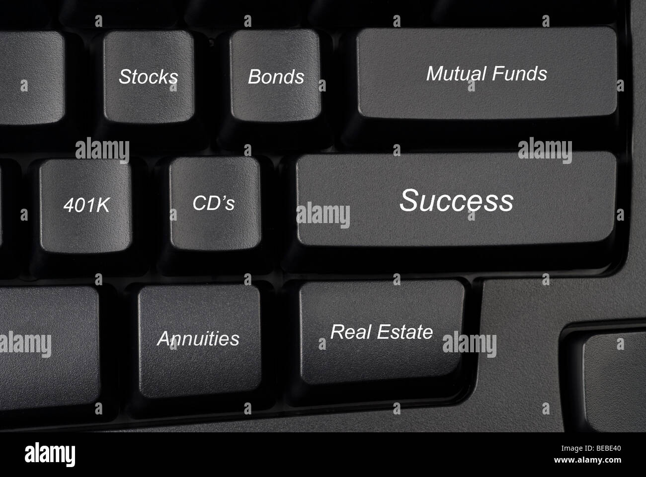 Computer keyboard keys with investment options provide guidance to success. Stock Photo