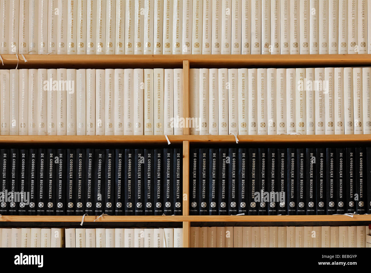 Book shelf with many copies of the same book, De Goddelijke Beginselen