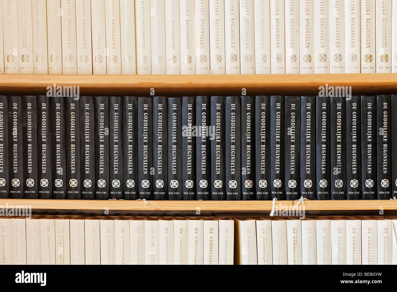 Book shelf with many copies of the same book, De Goddelijke Beginselen
