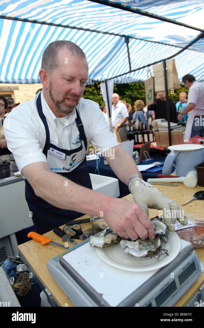 A fishmonger laying out a plate of shucked oysters at the 2009 Abergavenny food festival, Monmouthshire south wales UK Stock Photo
