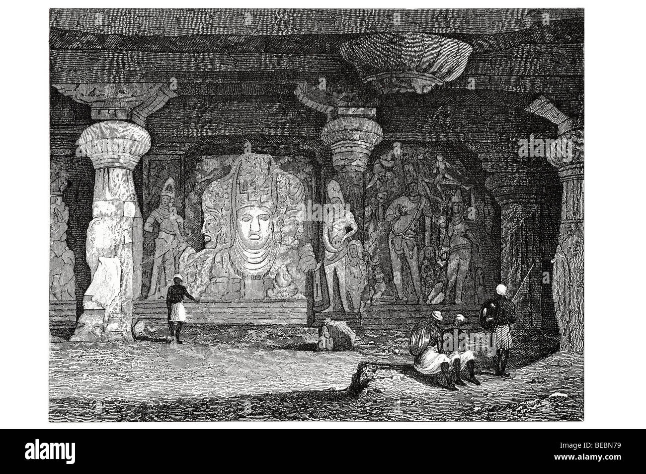 interior of the grotto temple on the Elephanta Caves sculpted cave Island Gharapuri Stock Photo