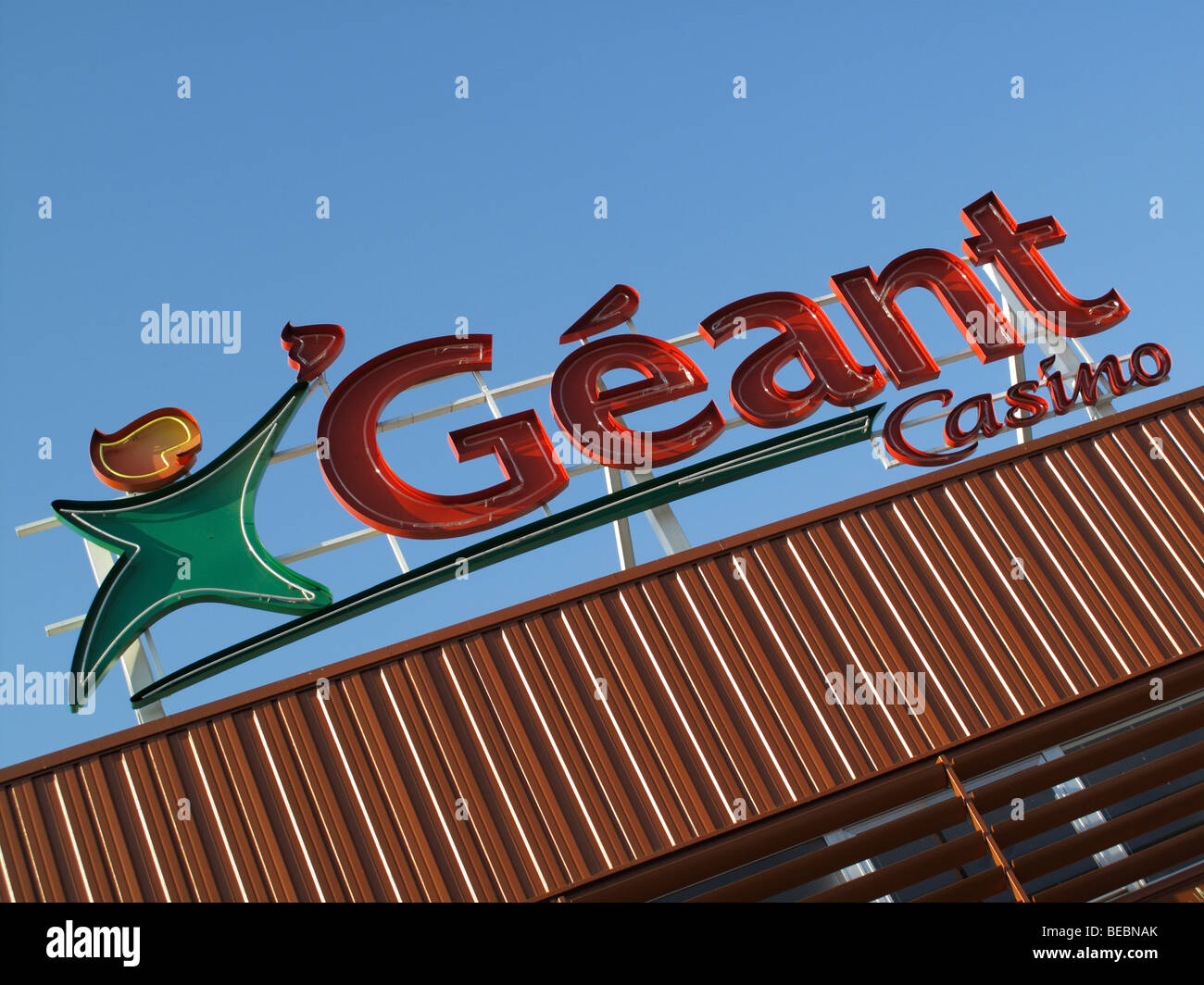 Exterior sign for a Geant Casino supermarket in France Stock Photo