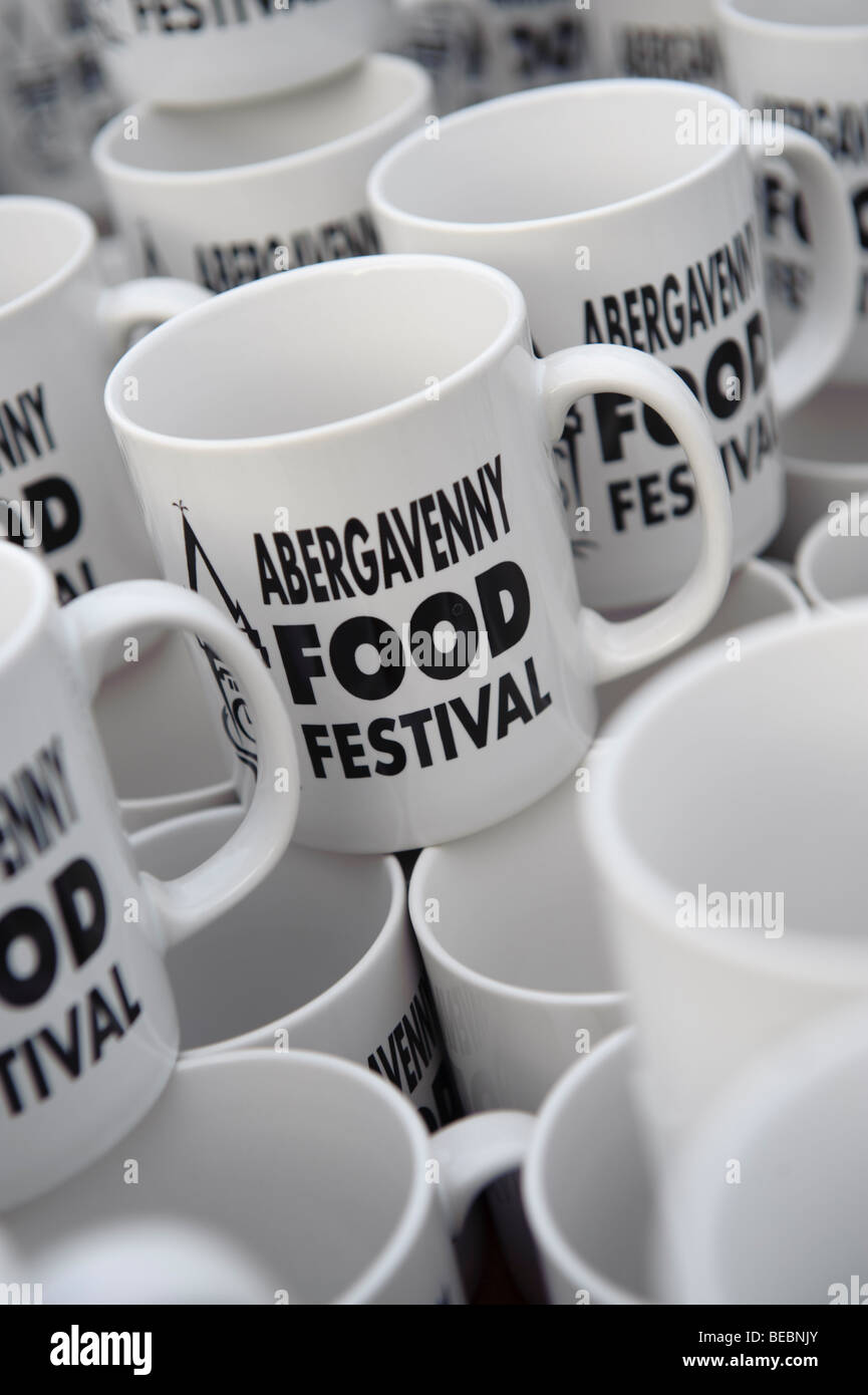 White souvenir promotional coffee mugs for sale a memento of the Abergavenny food festival
