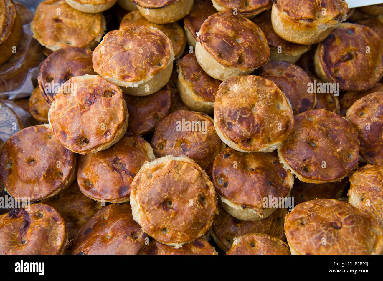Pork pies for sale at Abergavenny Food Festival Monmouthshire South Wales UK Stock Photo