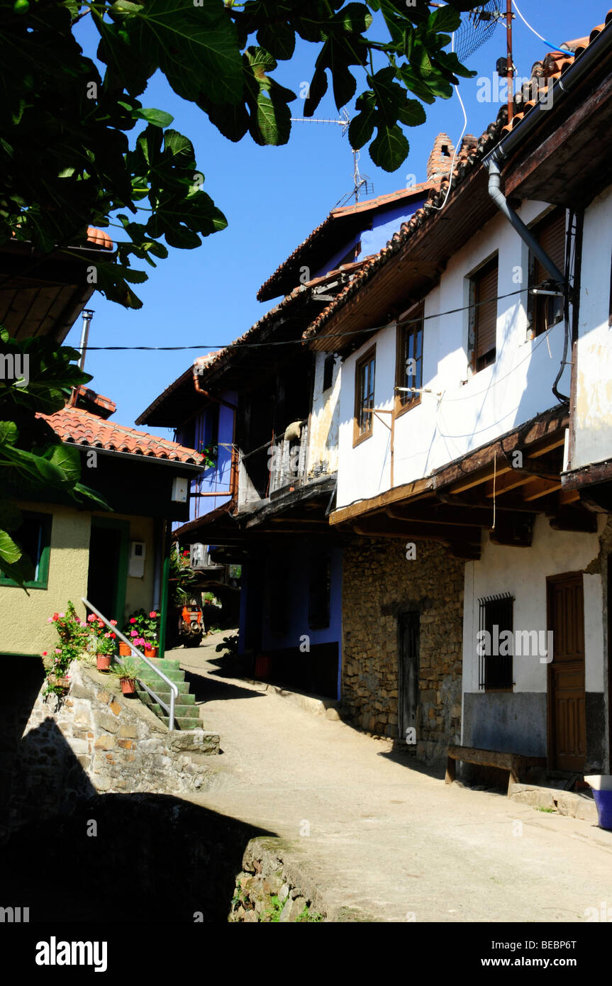 Street in the little town of El Fresnedal in Piloña, Asturias, Spain. Stock Photo