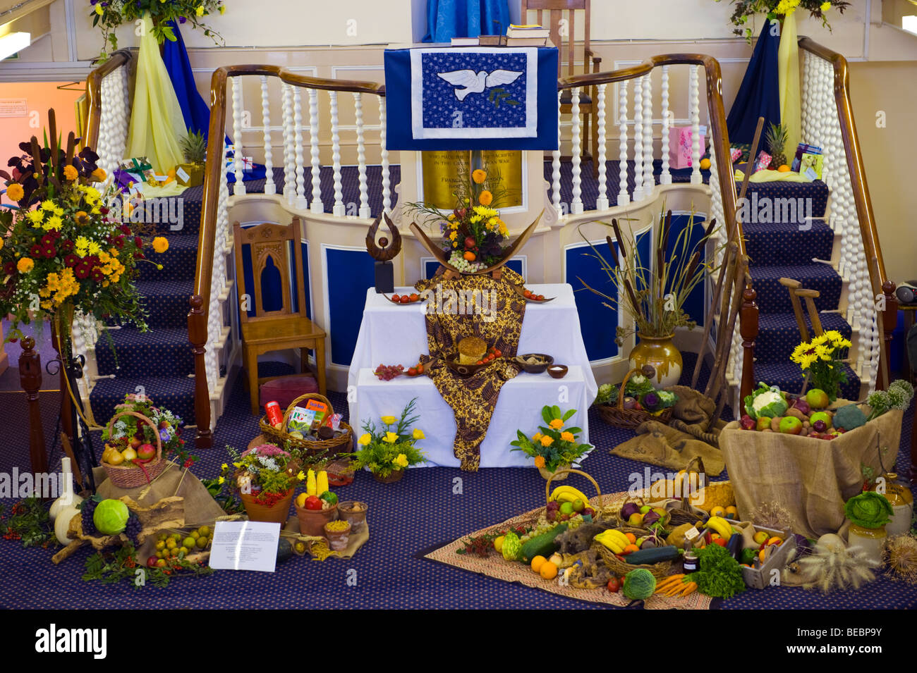 Harvest Festival display in Methodist church during Abergavenny Food Festival Monmouthshire South Wales UK Stock Photo