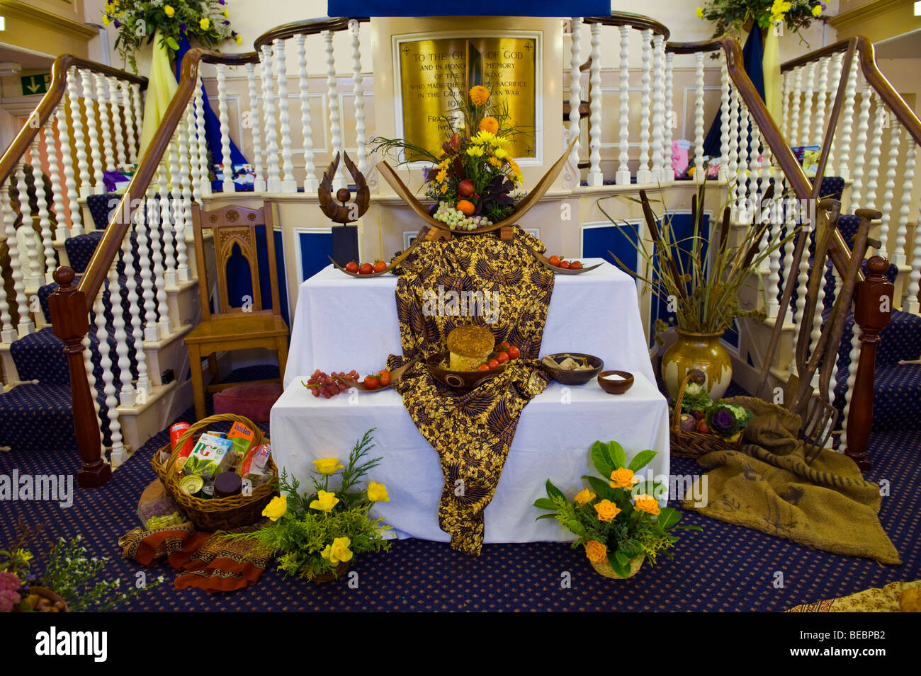 Harvest Festival display in Methodist church during Abergavenny Food Festival Monmouthshire South Wales UK Stock Photo