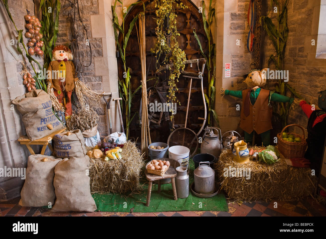 Harvest festival display in St Marys Priory Church during Abergavenny Food Festival Monmouthshire South Wales UK Stock Photo