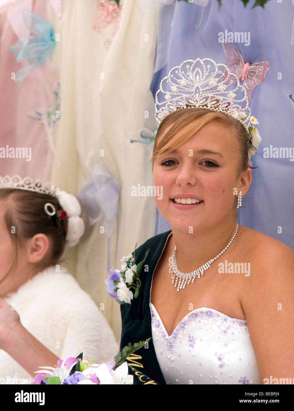 Young Girl beauty queen Eyam village carnival with fancy dress parade