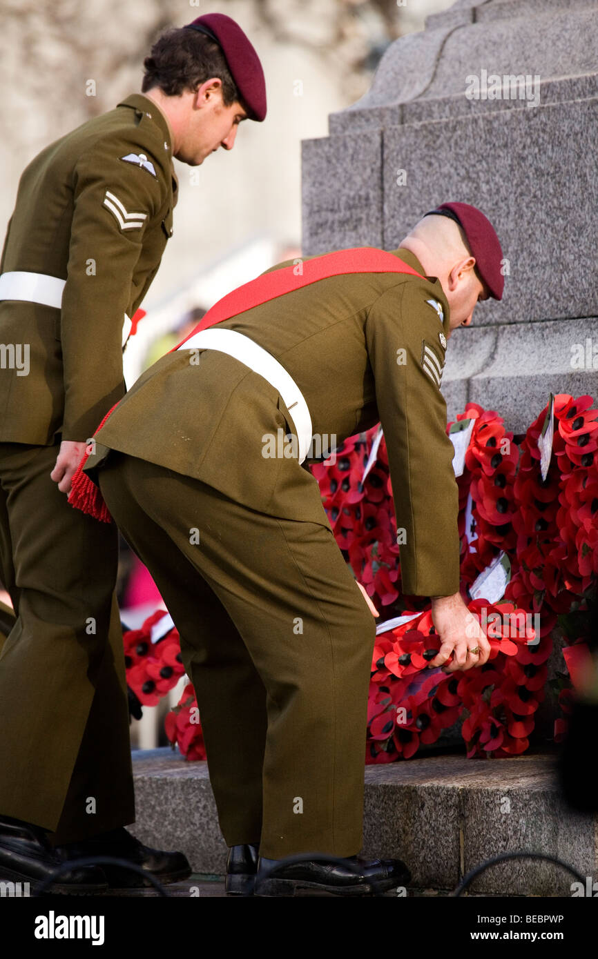 British soldiers, members of the Paratroop Regiment, lay a wreath at Sunderland Cenotaph during the Remembrance Day ceremony. Stock Photo