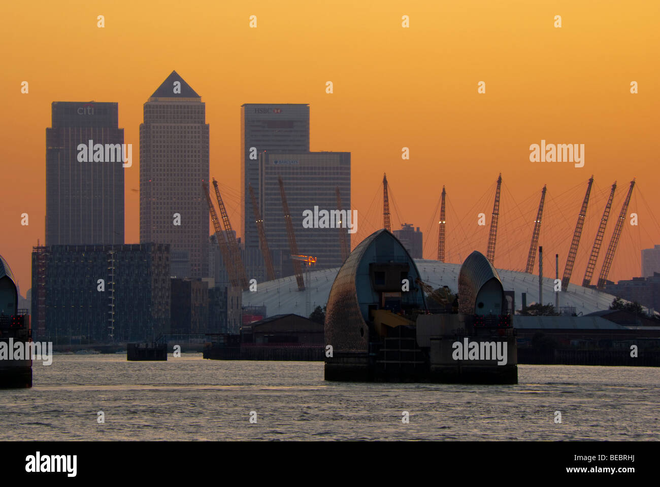 UK, england, London, canary wharf, Thames Barrier, O2 2009 Stock Photo