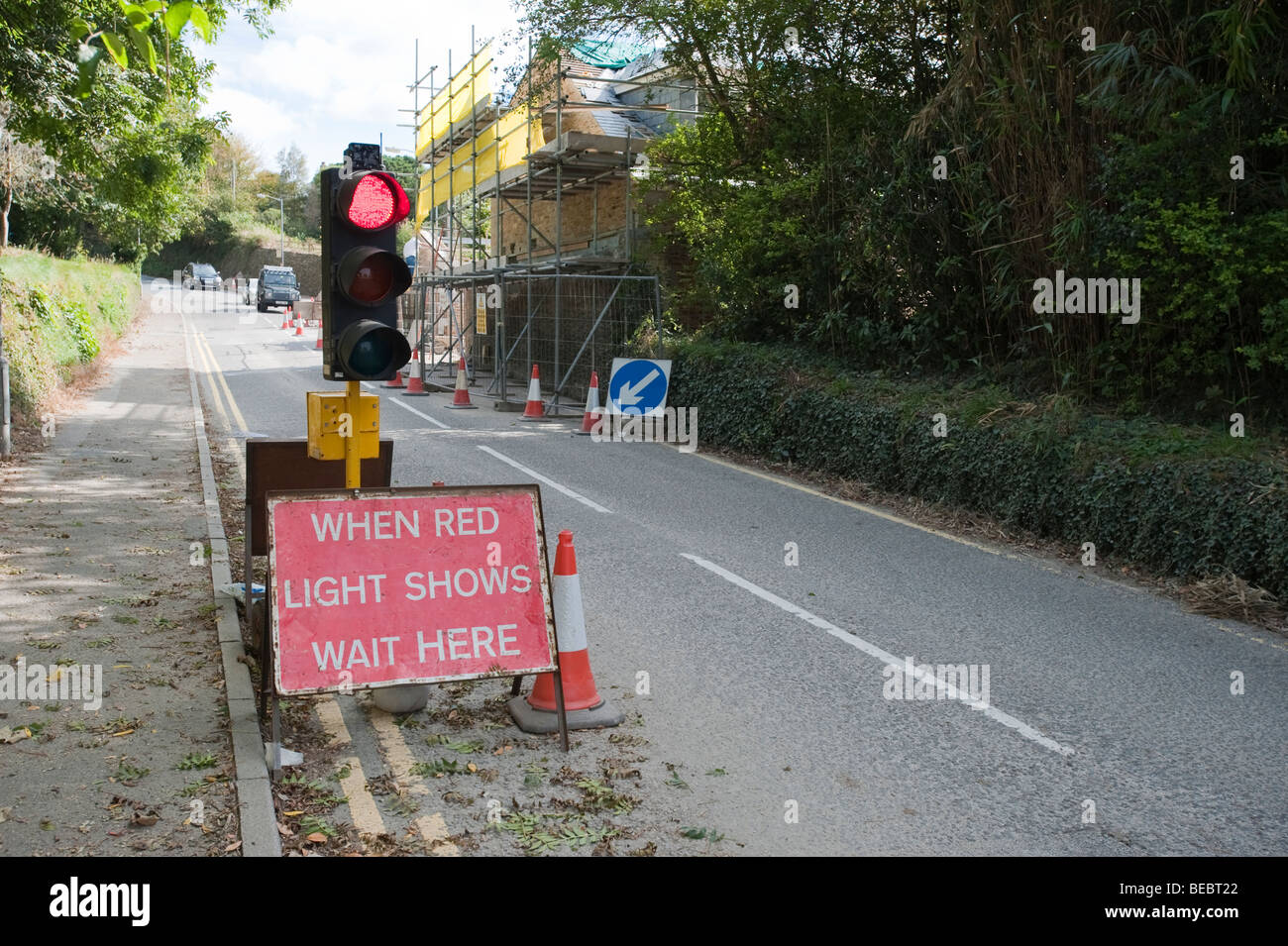 Red light showing at temporary traffic signals Stock Photo Alamy