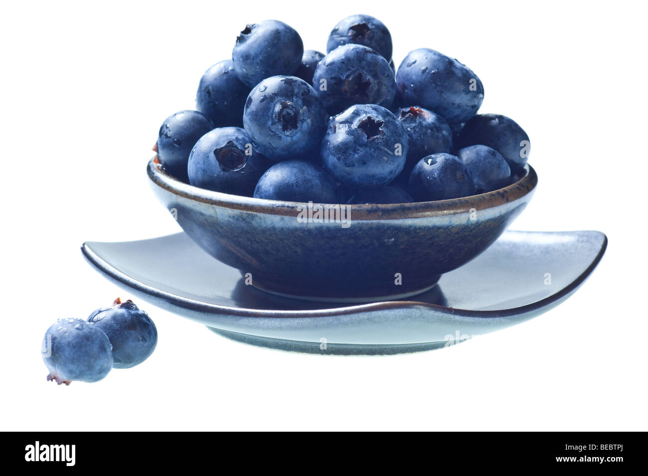 Japanese bowl with blueberries isolated on pure white background-- no gray! Stock Photo