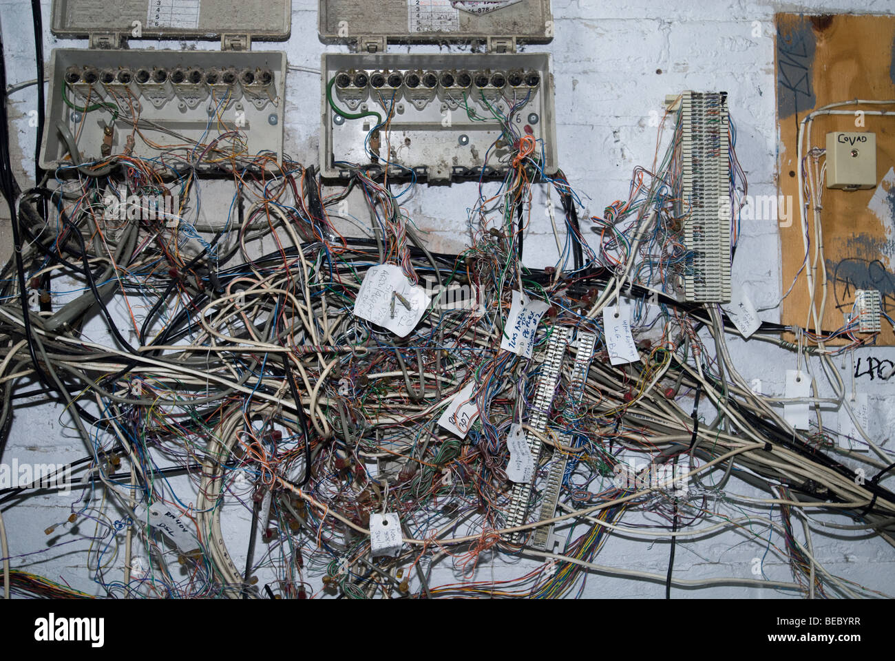A telephone closet showing a rat's nest of wires and cables Stock Photo