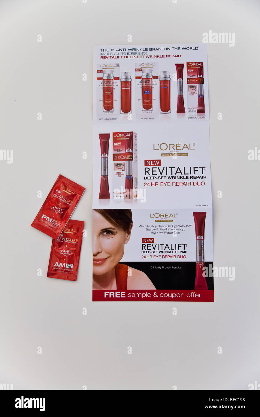 Free sample of Loreal skincare product sent out with Sunday newspaper. Stock Photo