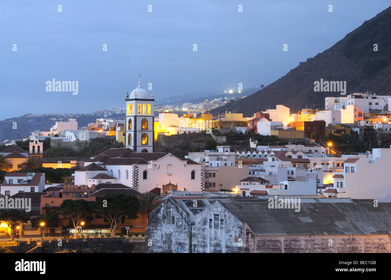 Town Garachico at dusk. Canary Island Tenerife, Spain Stock Photo