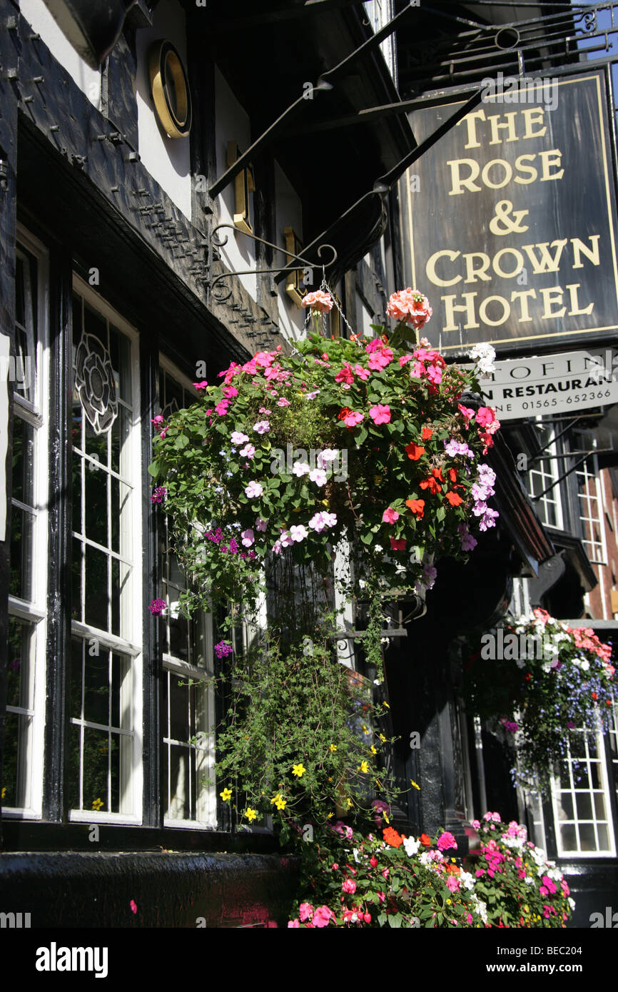 Knutsford Roses Town of Knutsford, England. Black and white Tudor style frontage of the ...