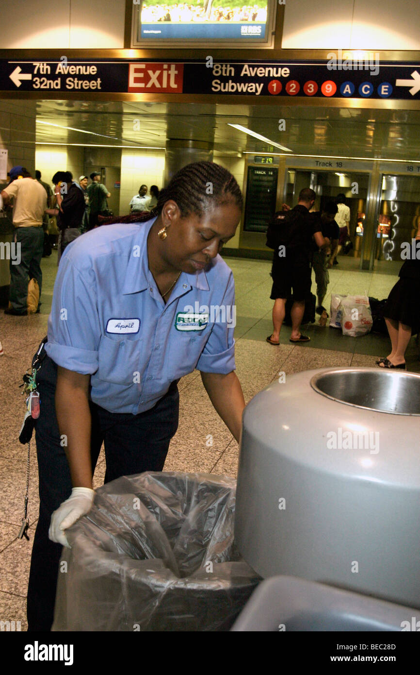 June, 2004, Custodial worker at Penn Station in New York City Stock