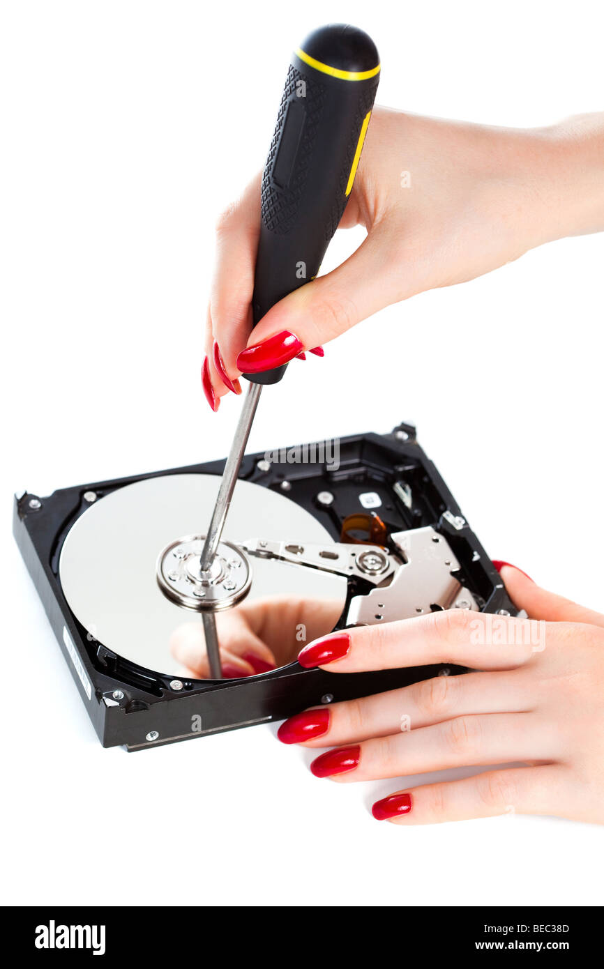 Woman repairing computer HDD. Isolated on white. Stock Photo