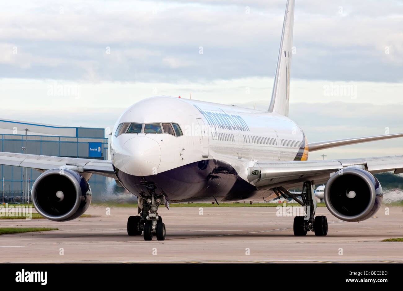 Monarch aircraft taxiing for take off from Manchester Airport (Ringway Airport) in Manchester, England Stock Photo